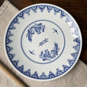 Large Plate Dish Chinese White Blue Stoneware? Two Dragons No Marking 11"D